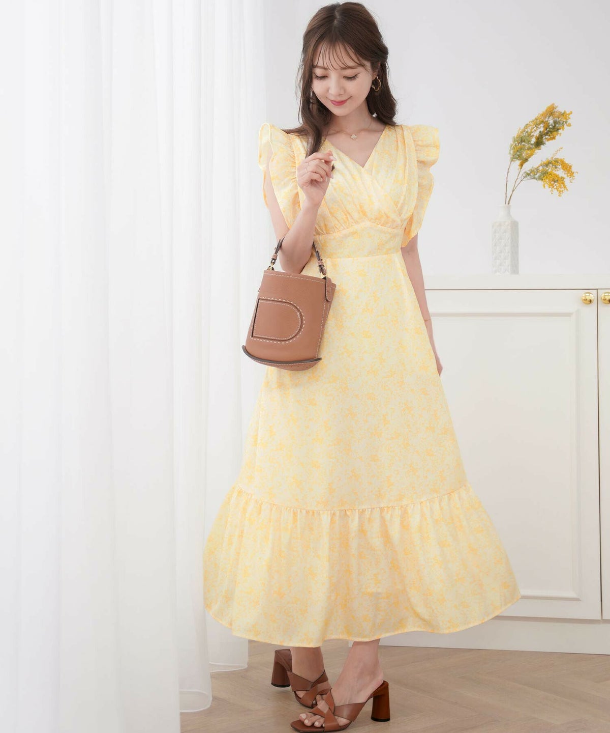 レディース/ワンピース/フリル/カシュクール/前あき/夏休み/海/お出かけ/リゾート/イエロー/ブルーグレー/ダークネイビー/華やか/夏/春/ハワイ/Hawaii/上品/エレガント