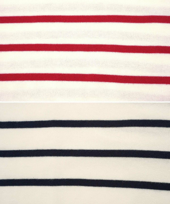 トップス/ニット/ボーダー/マリン/夏/ドルマン/袖/パール/刺繍/カジュアル/7分袖/半袖/レッド/赤/青/ブルー/海/お出かけ/クルーネック/ショート丈/春/秋/エレガント