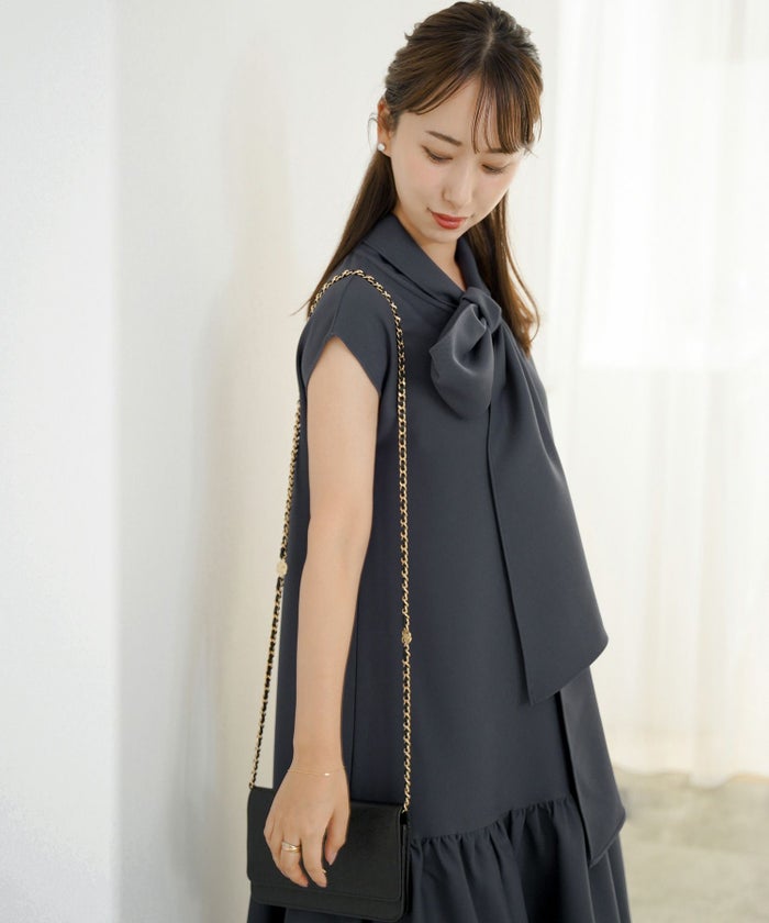 ワンピース/フロント/リボン/ギャザー/Aライン/アイボリー/ブルーグレー/チャコール/フリー