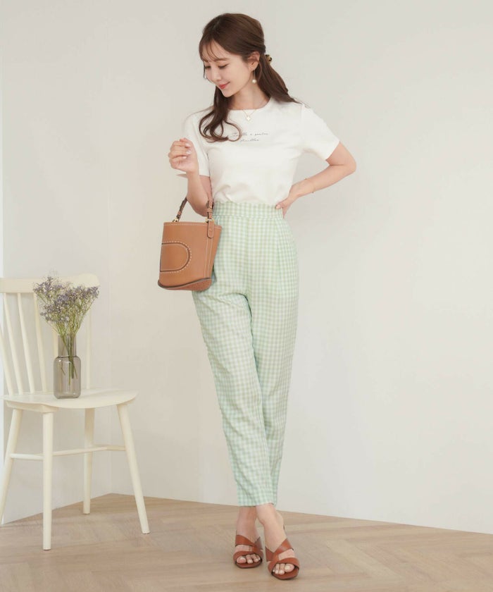 レディース/パンツ/ボトムス/ギンガム/ゴールド/スラックス/ストレート/オールシーズン/シーズンレス/フルレングス/ポケット/ミント/ネイビー/ブラック/オフィスカジュアル/きれいめ/結婚式/カジュアル/エレガント/お出かけ/ギンガムコーデ/春/夏/秋/冬/