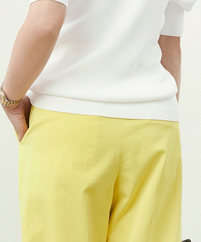 手洗い可/袖コンシャス/袖口リブ/ラウンドネック/ギャザー/パワーショルダ―/夏ニット/上品/きれいめ/エレガンス