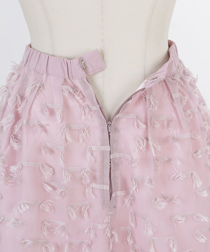 シアー感/フリンジ/立体的/上品/ふんわり/ミモレ丈/バックウエストゴム/ファスナー&ホック/くすみピンク/オレンジ/ブラック