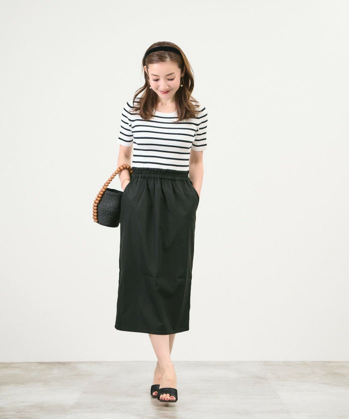 手洗い可/半袖/リブニット/ドッキング/ポケット/配色/ボーダー/ウエストゴム/大人可愛い