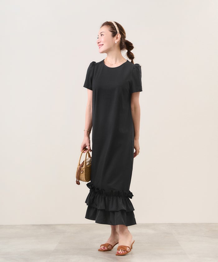 手洗い可 S/M/L 半袖 リラックス ロング丈 ルームウェア ワンマイルウェア 異素材切り替え ドッキング 大人可愛い カジュアル