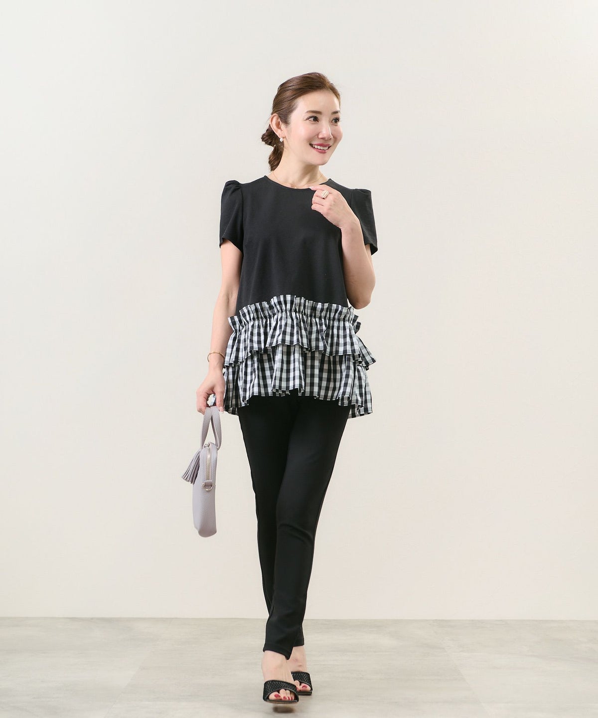 手洗い可/半袖/袖山ギャザー/ペプラム/体型カバー/ティアード/大人カジュアル/チェック/柄/異素材切り替え/メリハリ