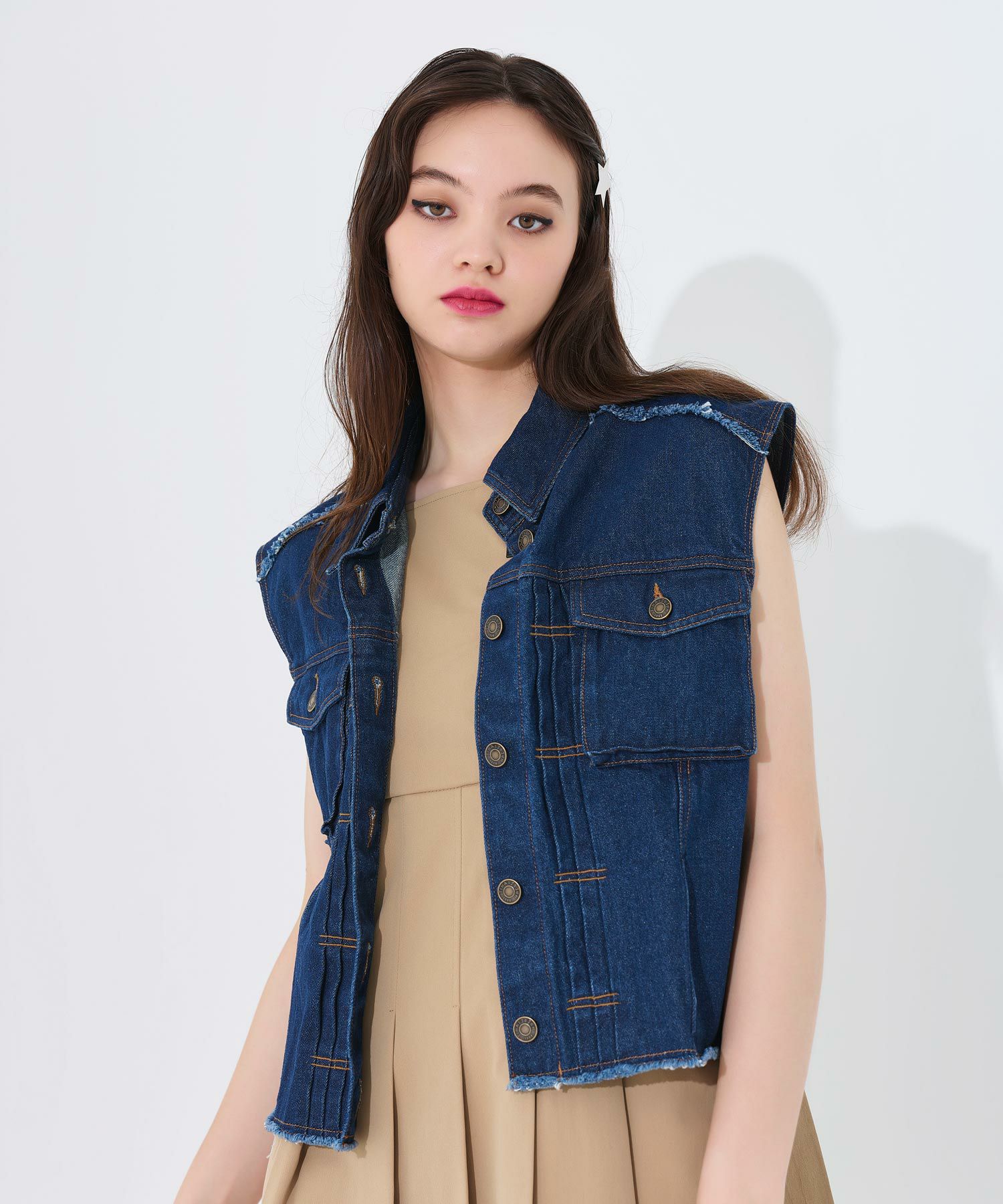 限定Price！SALE フリンジ デニムベスト TINA：JOJUN 全2色｜tnj231