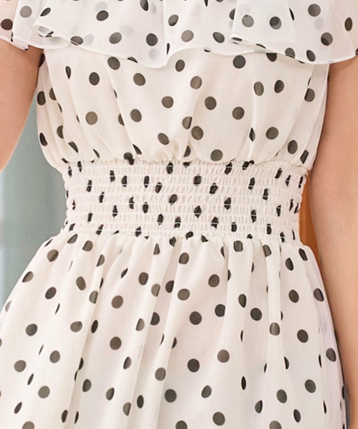 ワンピース/フリルカラー/ドット/花柄/ロング/マキシ/ウエスト切り替え/ウエストゴム/ブラック/ホワイト×ブラック/ピンク/ネイビー×ホワイト/フリー/春/夏/秋/可愛い/かわいい/華やか/大人/上品/