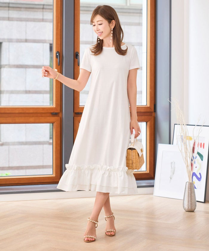 ワンピース/裾フリル/異素材ドッキング/半袖/カットソー/ホワイト/ブラック/白/黒/F/フリー/春/夏/秋/可愛い/かわいい/華やか/大人/上品/