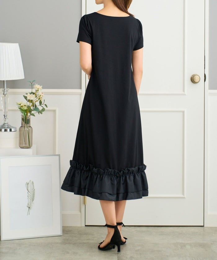 ワンピース/裾フリル/異素材ドッキング/半袖/カットソー/ホワイト/ブラック/白/黒/F/フリー/春/夏/秋/可愛い/かわいい/華やか/大人/上品/