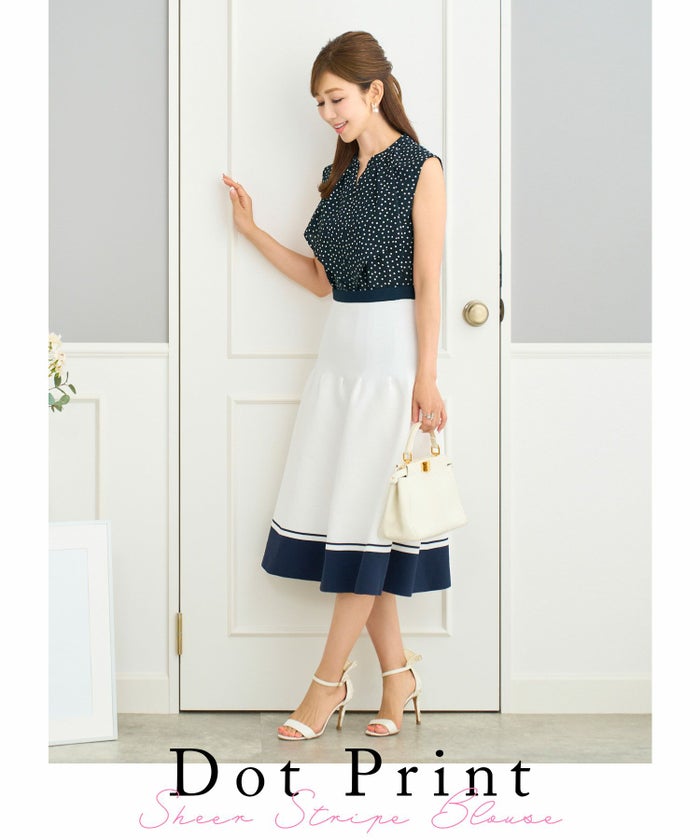 セレクト/ブラウス/ドット柄/プリント/フリルカラー/ノースリーブ/スキッパー/トップス/ホワイト/白/ネイビー/上品/大人/フリー/春/夏/秋/可愛い/かわいい/華やか/