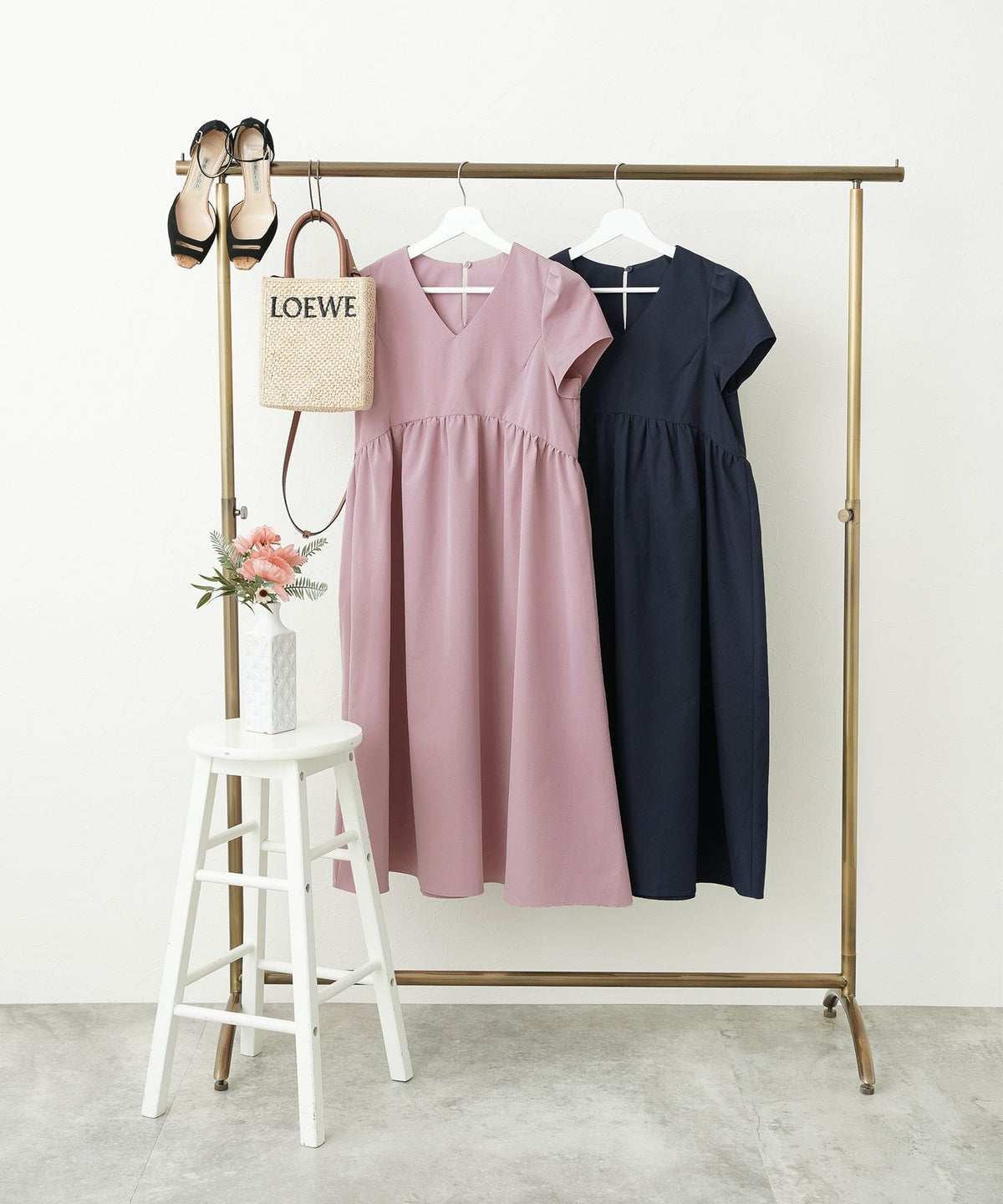 手洗い可/半袖/タックスリーブ/ハイウエスト切り替え/ギャザー切り替え/フレア/大人可愛い