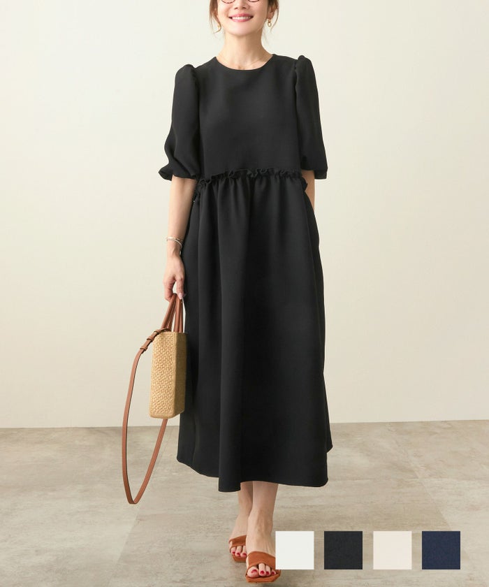 ワンピース レディース ファッション 服 春 白 黒 おしゃれ かわいい 半袖 オーバーサイズ きれいめ カジュアル ジョイントスペース パフスリーブ フリル切り替え ワンピース Liala×PG