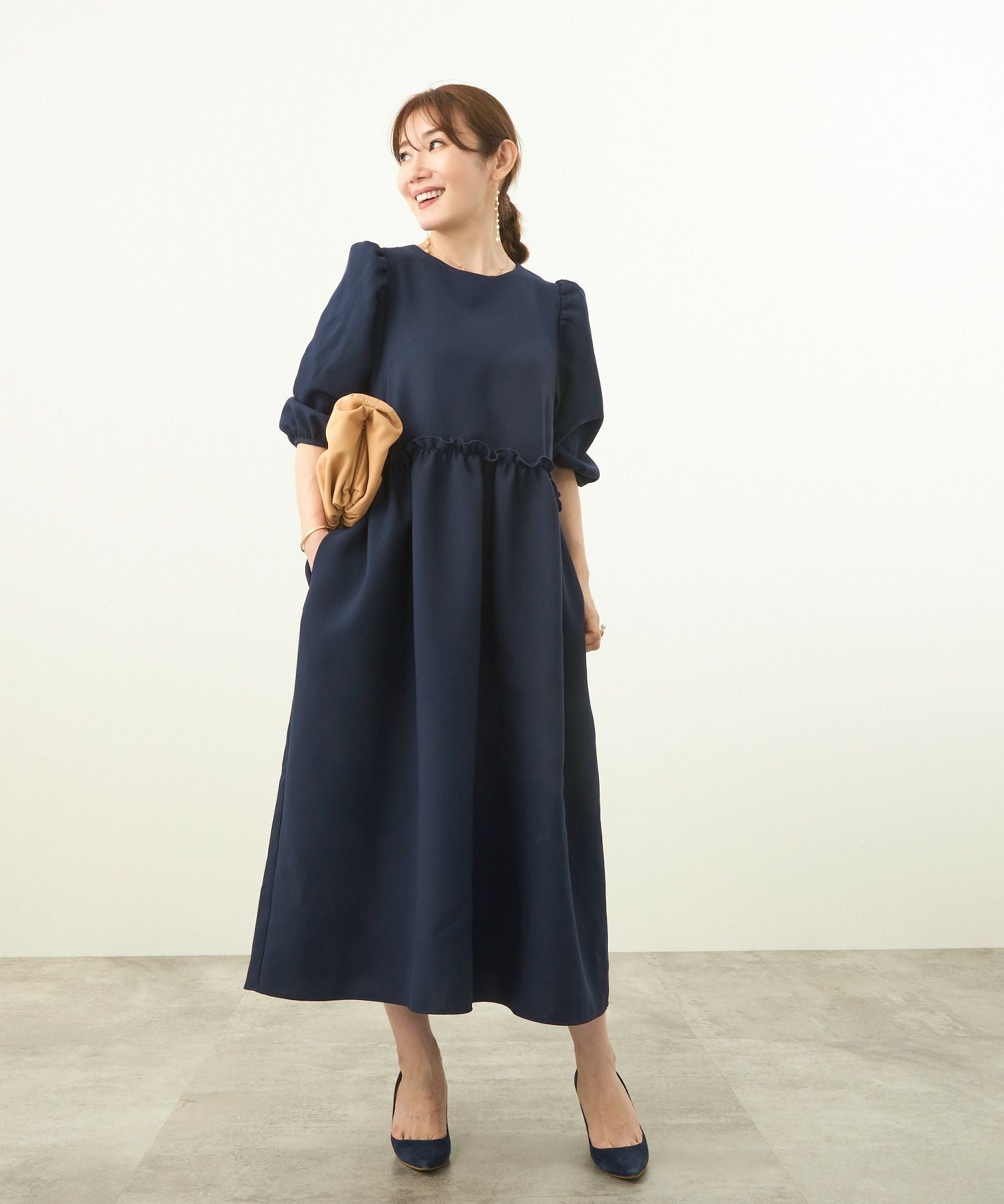 M'SGRACY 異素材切り替え パフスリーワンピース リボン ストレッチ ストレッチタフタ切替 パフスリーブ シャトルワンピース｜SPECCHIO公式