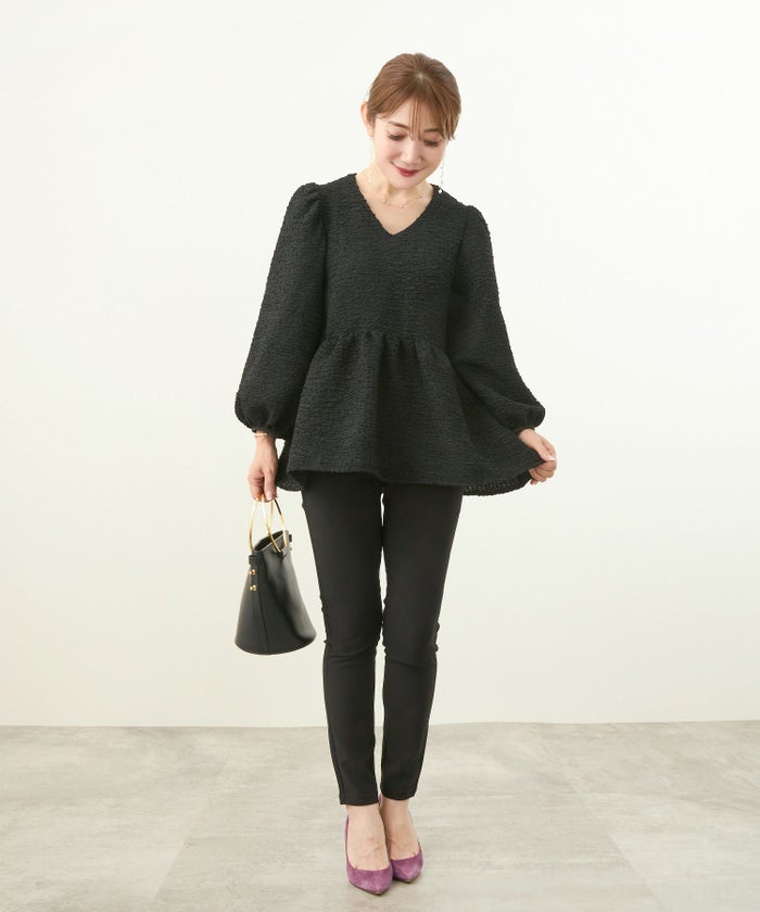 手洗い可/8分袖/Vネック/パフスリーブ/ウエスト切り替え/フレアヘム/パンツ合わせ/ブラウス/大人可愛い