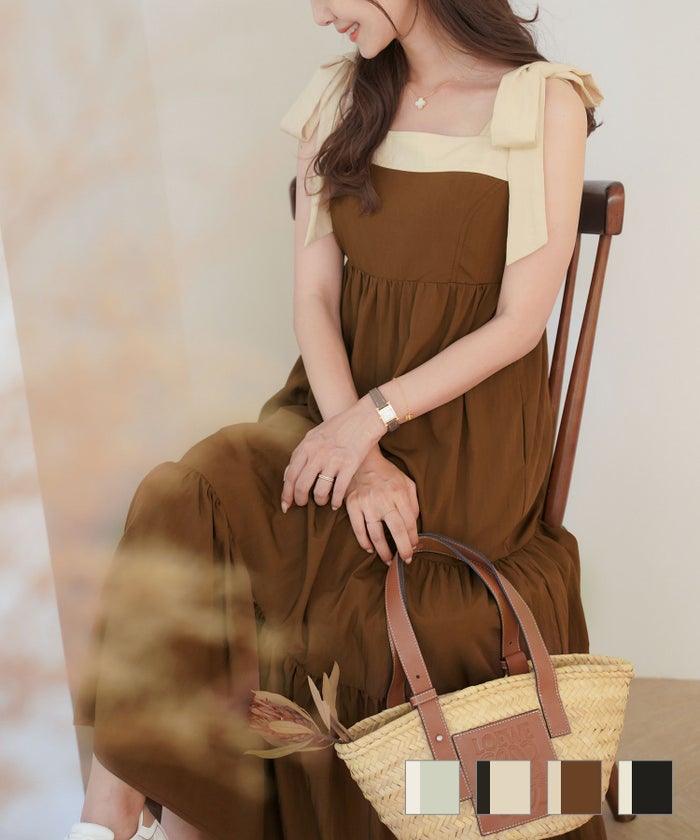 配色 肩リボン ティアード キャミ ワンピース, ワンピース, le reve vaniller, 30代、40代,休日,女子会,デート 配色 肩リボン ティアード キャミ ワンピース le reve vaniller