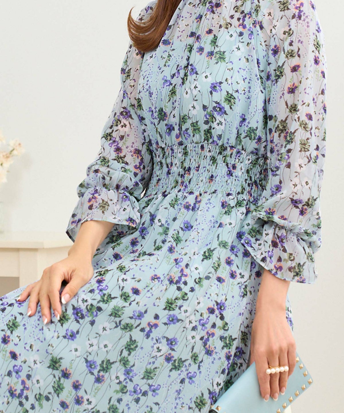 ワンピース/シフォン/長袖/フラワー/プリント/花柄/ロング/ウエストシェイプ/ゴム/ホワイト/ラベンダー/アイスブルー/F/フリー/春/夏/秋/可愛い/かわいい/華やか/大人/上品/