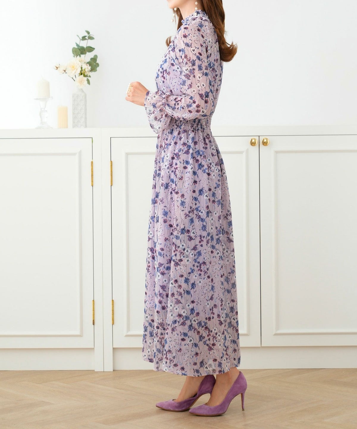 ワンピース/シフォン/長袖/フラワー/プリント/花柄/ロング/ウエストシェイプ/ゴム/ホワイト/ラベンダー/アイスブルー/F/フリー/春/夏/秋/可愛い/かわいい/華やか/大人/上品/