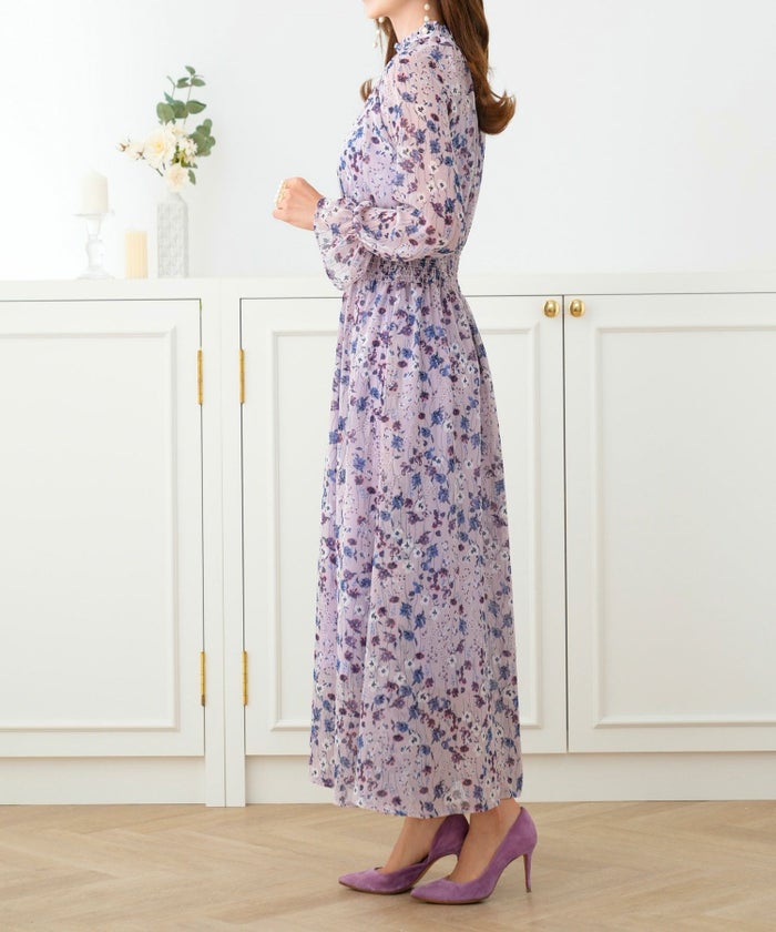 ワンピース/シフォン/長袖/フラワー/プリント/花柄/ロング/ウエストシェイプ/ゴム/ホワイト/ラベンダー/アイスブルー/F/フリー/春/夏/秋/可愛い/かわいい/華やか/大人/上品/