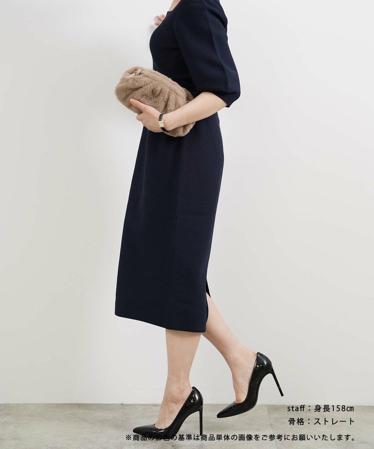 日本製/手洗い可/ホールガーメント/ニット/ワンピース/半袖/パフスリーブ/膝下丈/大人可愛い