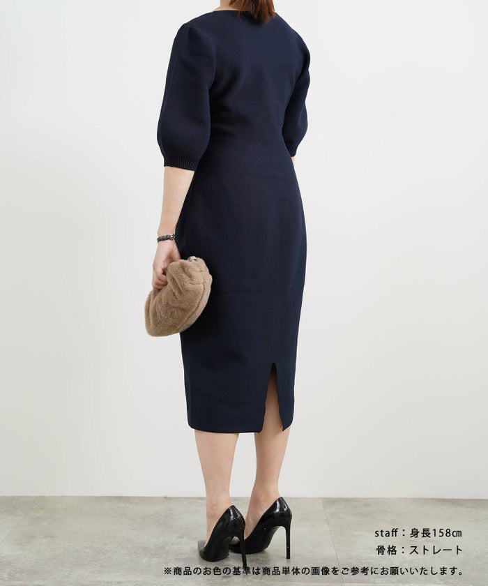 日本製/手洗い可/ホールガーメント/ニット/ワンピース/半袖/パフスリーブ/膝下丈/大人可愛い