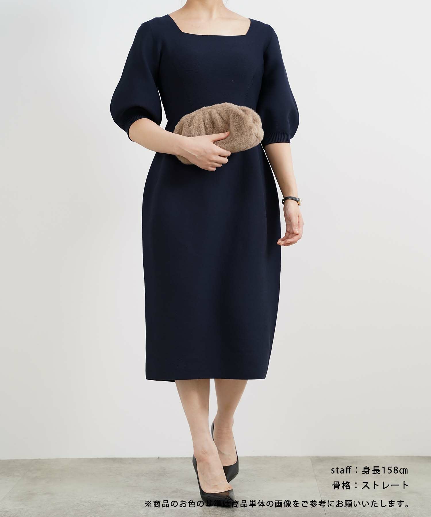 ホールガーメント スクエアネック パフスリーブ ニットワンピース
