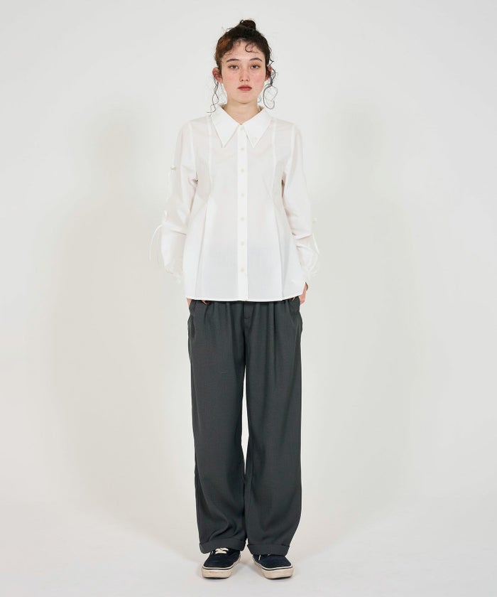 シャツ/リボン/エンブレム付き/ホワイト/クリームイエロー/チャコール