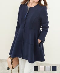 新色追加 トップス レディース ライトアウター 長袖 かわいい オフィス きれいめ 白黒 ネイビー ジョイントスペース ダンボールニット 2段フリル ペプラム ノーカラージャケット Liala×PG