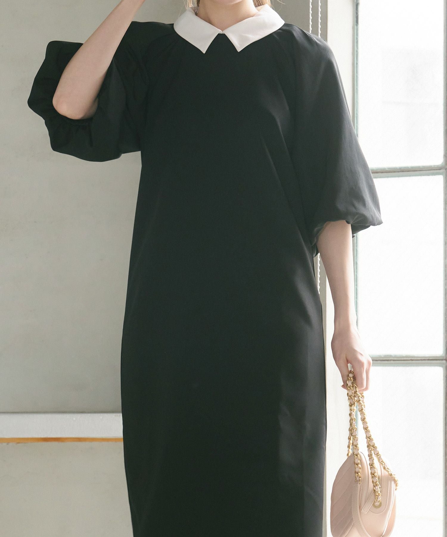 Merlette 黒 Vネック バルーンスリーブ ワンピース MILLER 襟付き バルーンスリーブ ワンピース Liala×PG 全2色｜lpg341-1796【1