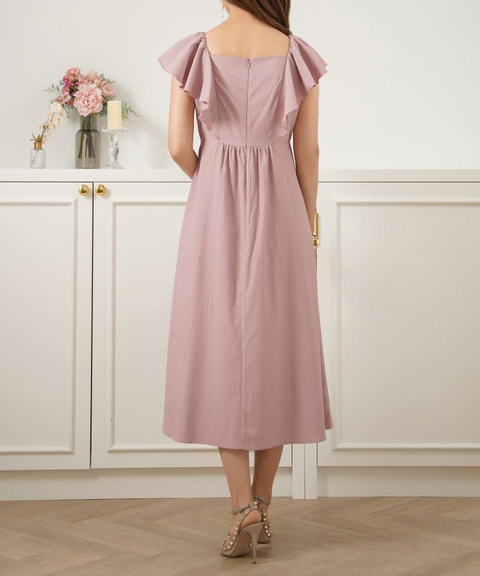 ワンピース/フリルスリーブ/ラッフル/無地/ウエストシェイプ/切り替え/フレアヘム/コンサバ/レッド/赤/ピンクベージュ/ネイビー/S/M/春/夏/秋/可愛い/かわいい/華やか/大人/上品/