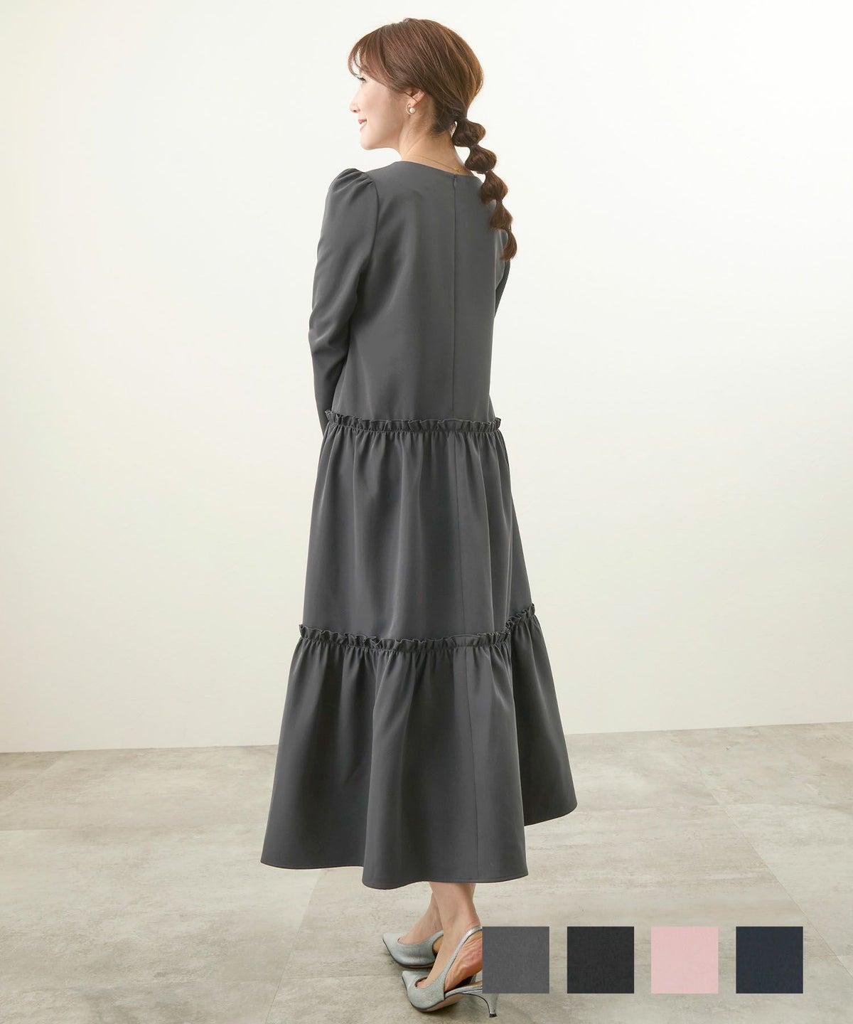 新色追加 手洗い可 9分袖 肩ギャザー フリル ティアード Iライン ストレート ロング ワンピース 大人可愛い フリルティアード 9分袖 ワンピース Liala×PG