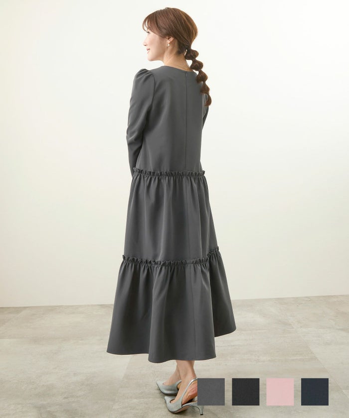 新色追加 手洗い可 9分袖 肩ギャザー フリル ティアード Iライン ストレート ロング ワンピース 大人可愛い フリルティアード 9分袖 ワンピース Liala×PG