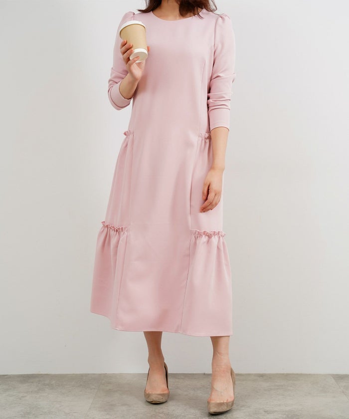 新色追加/手洗い可/9分袖/肩ギャザー/フリル/ティアード/Iライン/ストレート/ロング/ワンピース/大人可愛い