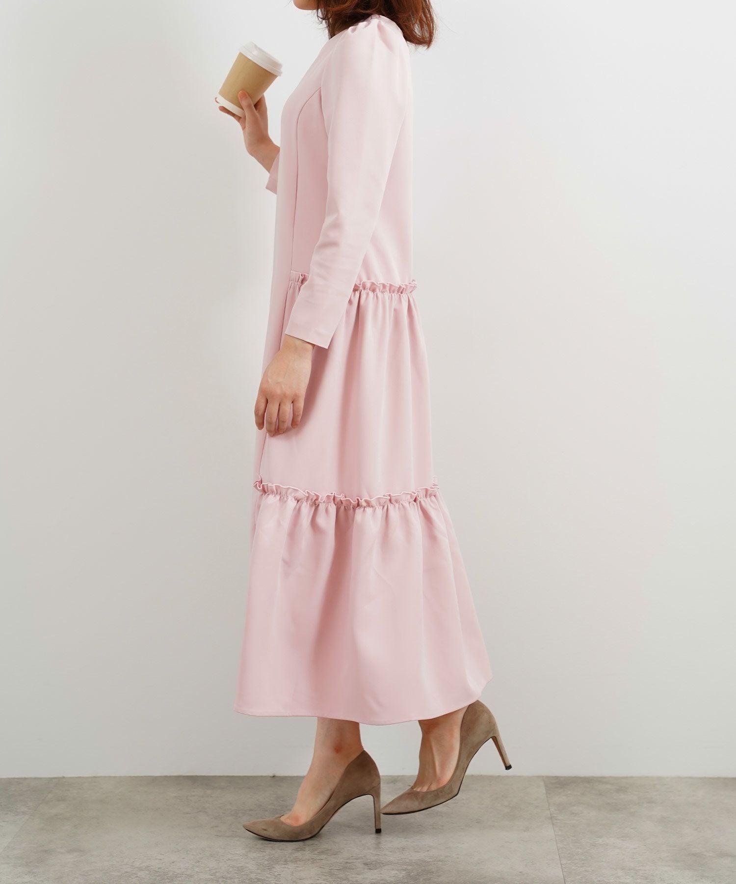 完売商品Liala×PG ロング丈ティアードワンピース ピンク Sサイズ フリルティアード 9分袖 ワンピース Liala×PG 全4色｜lpg341-1791【5