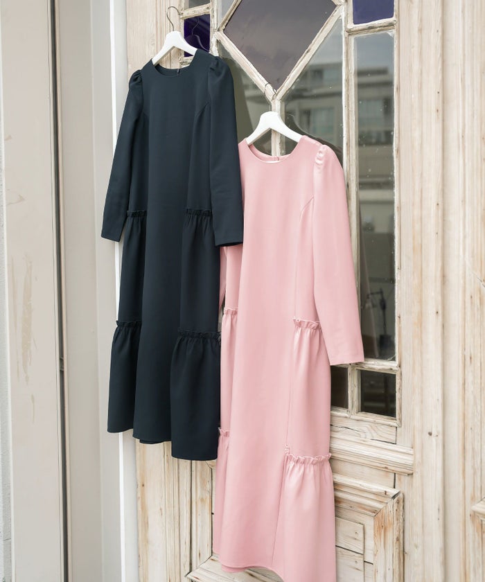 手洗い可/9分袖/肩ギャザー/フリル/ティアード/Iライン/ストレート/ロング/ワンピース/大人可愛い