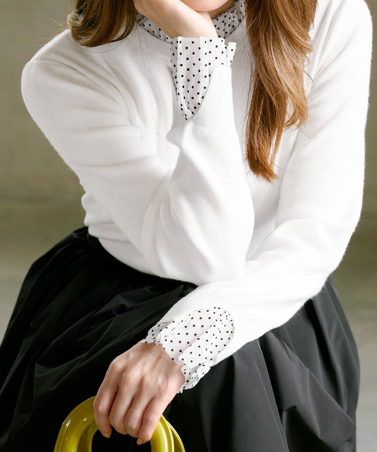 手洗い可/長袖/ドットチュールレース/フリル/ニット/大人/可愛い