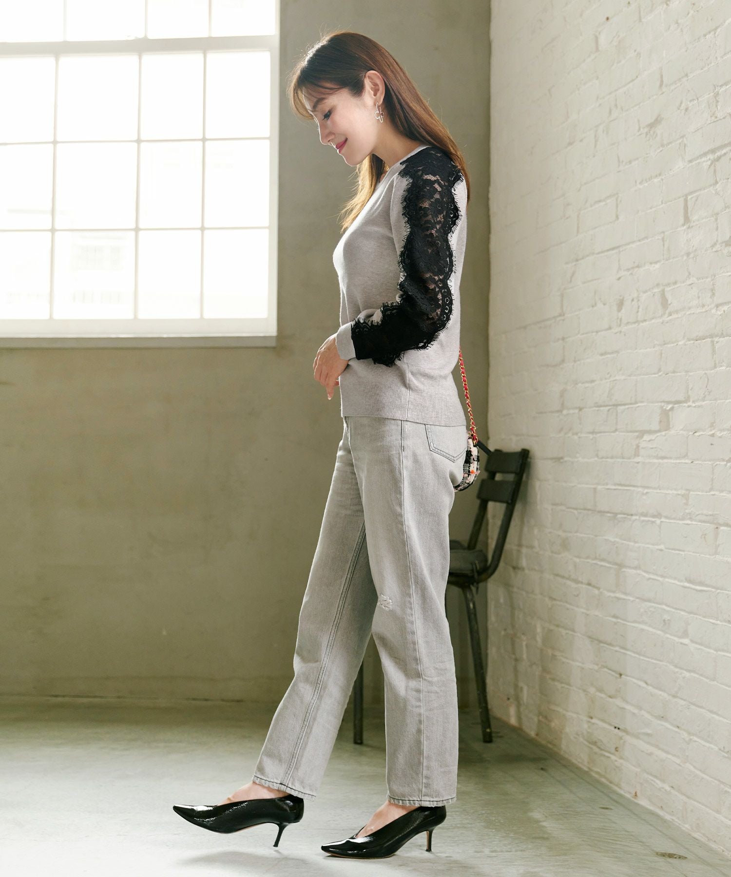 袖レース ニット プルオーバー