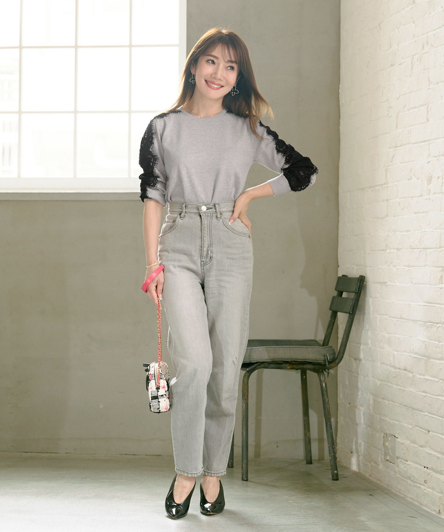 袖レース ニット プルオーバー