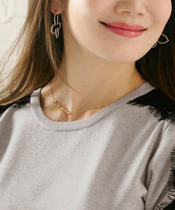 プルオーバー/ニット/袖レース/透かし/長袖/スカラップフリンジレース/ブラック配色/大人可愛い