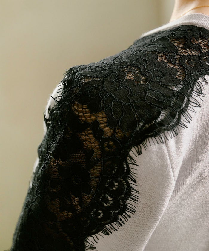 プルオーバー/ニット/袖レース/透かし/長袖/スカラップフリンジレース/ブラック配色/大人可愛い