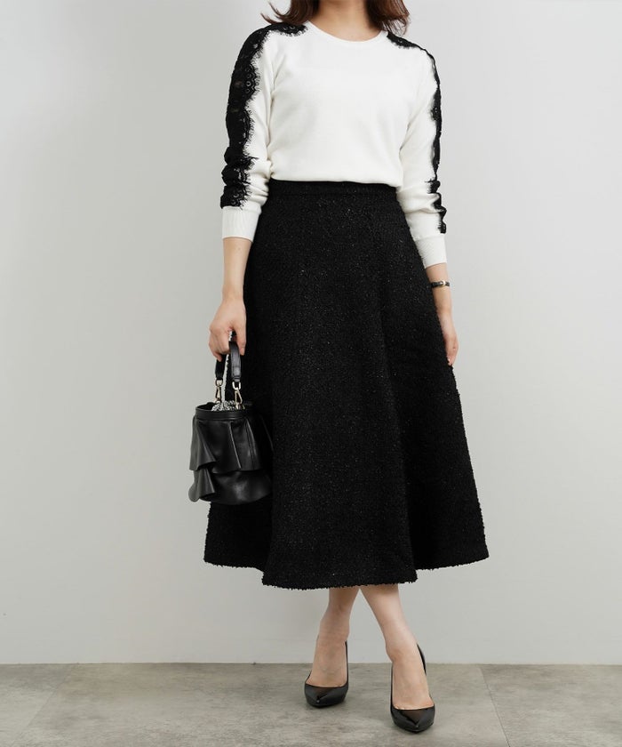 プルオーバー/ニット/袖レース/透かし/長袖/スカラップフリンジレース/ブラック配色/大人可愛い