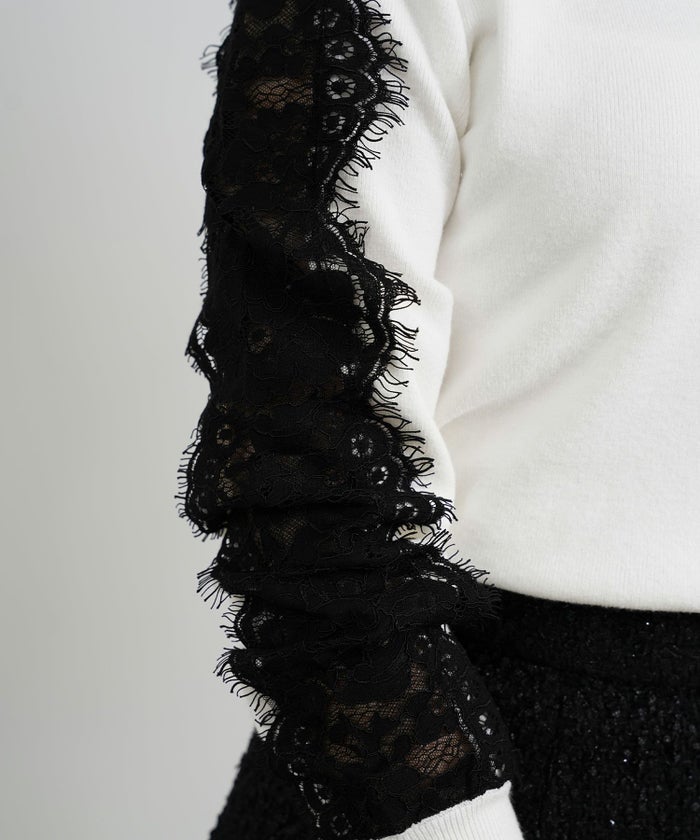 プルオーバー/ニット/袖レース/透かし/長袖/スカラップフリンジレース/ブラック配色/大人可愛い