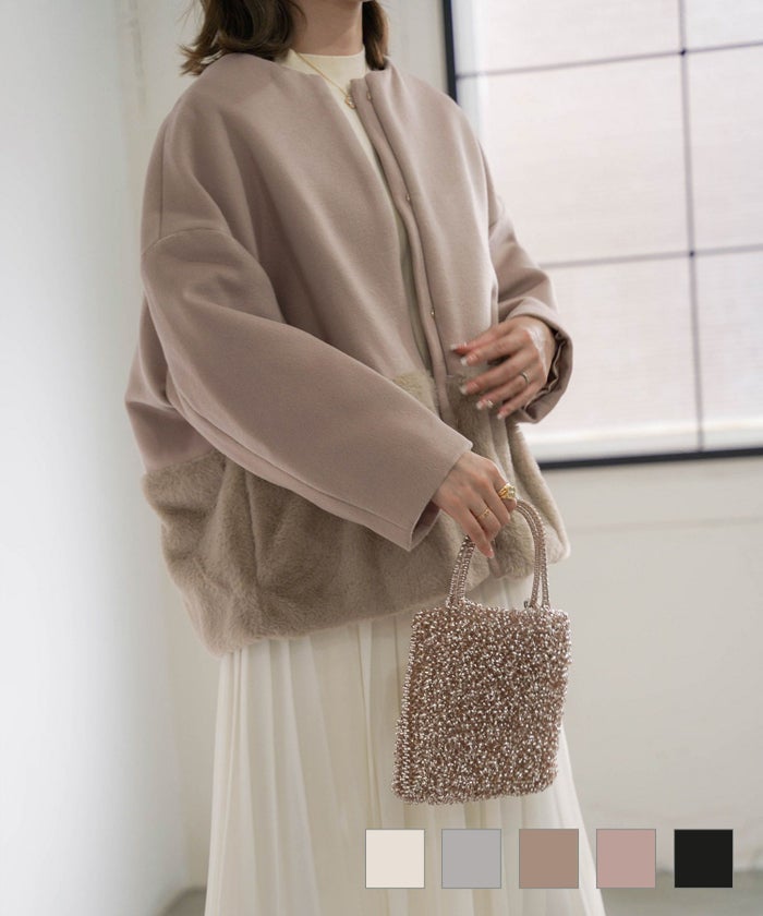 コート アウター エコファー アイボリー グレー ベージュ ピンク ブラック M エコファーコンビ ショート コート HUIT