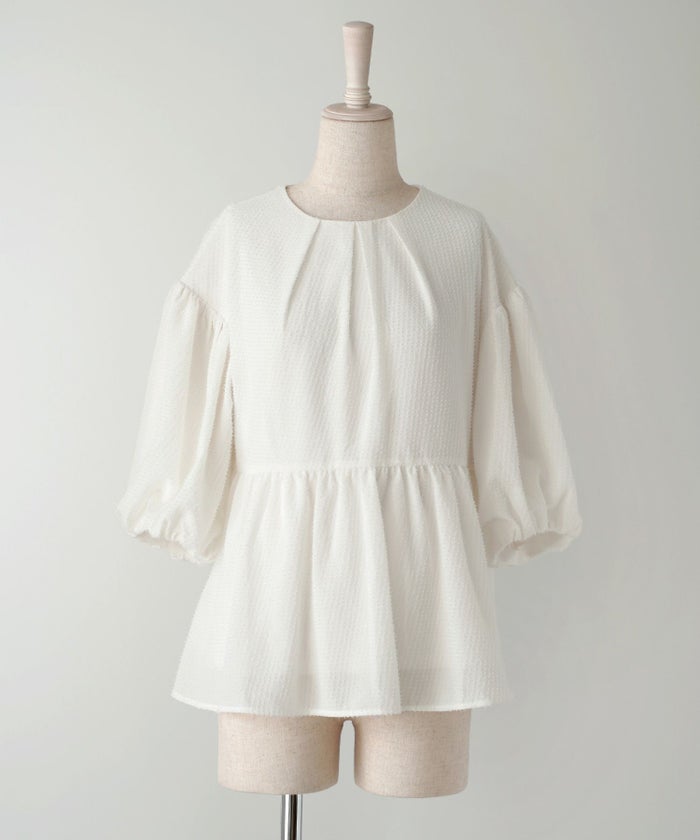 レディース/トップス/ブラウス/ペプラム/フェザータッチ/リボン/ボリュームスリーブ/春/夏/秋/5分袖/ホワイト/ブラック