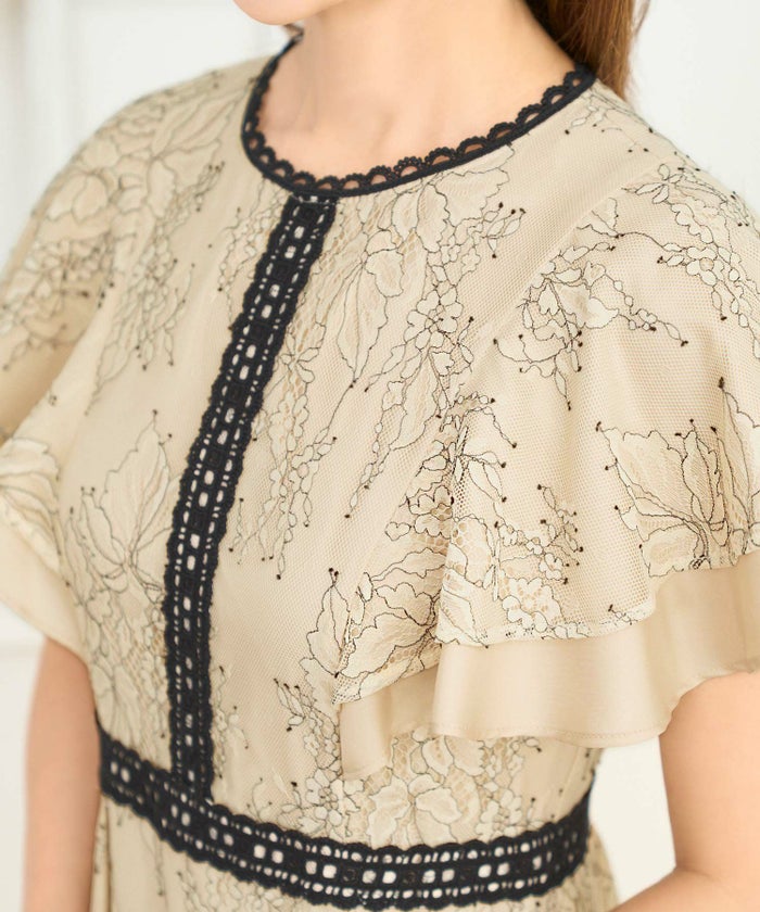セレクト/ワンピース/総レース/配色レース/花/フラワー/ラッフルスリーブ/フレア/ロング/ヘム切り替え/ベージュ/フリー/春/夏/秋/可愛い/かわいい/華やか/大人/上品/