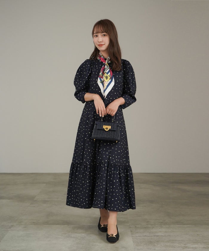ワンピース/ドット/パワショル/フレアー/オフホワイト/ネイビー/ブラック/フリー/
