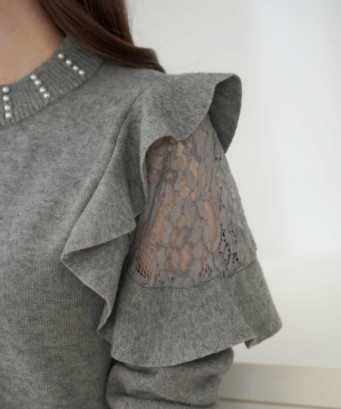 レディース/ニット/トップス/フリル/レース/パール/プチハイ/ネック/クルーネック/柔らか/伸縮性抜群/エレガント/上品/ホワイト/グレー/ピンク/パールネック/トレンド/20代/推し活/可愛い/春/秋/冬