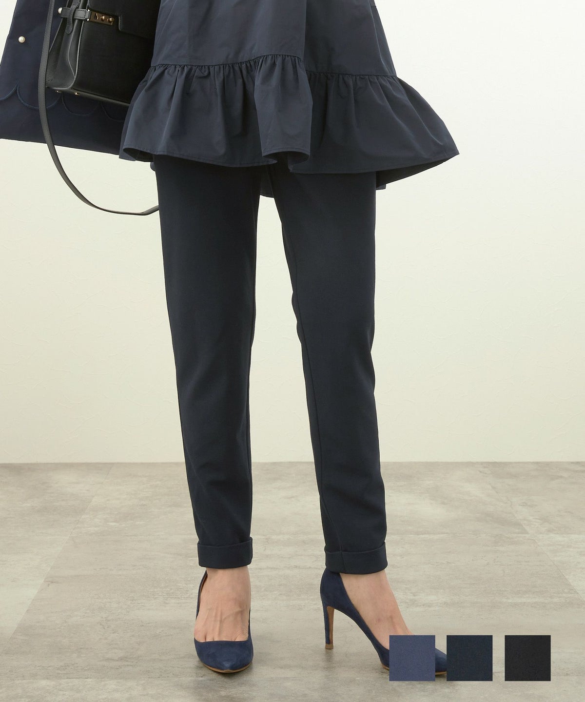 新色追加 手洗い可 ボトムス ストレッチ ウエストゴム きれいめ 大人 かわいい オフィス 黒 ジョイントスペース ドロスト らくちん 細パンツ Liala×PG