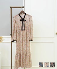 ベロアリボンタイ フローラル ワンピース 長袖 Prima Scherrer