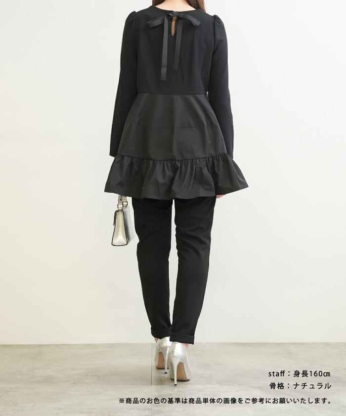 新色追加/手洗い可/長袖/ティアード/フレアヘム/ギャザー/異素材/バックリボン/涙あき/大人可愛い/上品
