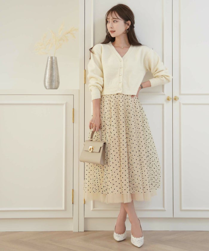 レディース/スカート/フレアスカート/ボリュームスカート/チュール/ドット/フロッキー/チャーム/オールシーズン/膝下丈/ネイビー/ベージュ/ピンクベージュ/ブラウン/チャコール/春/夏/秋/冬/ふんわり/エレガント/フェミニン/上品/レイヤード/可愛い